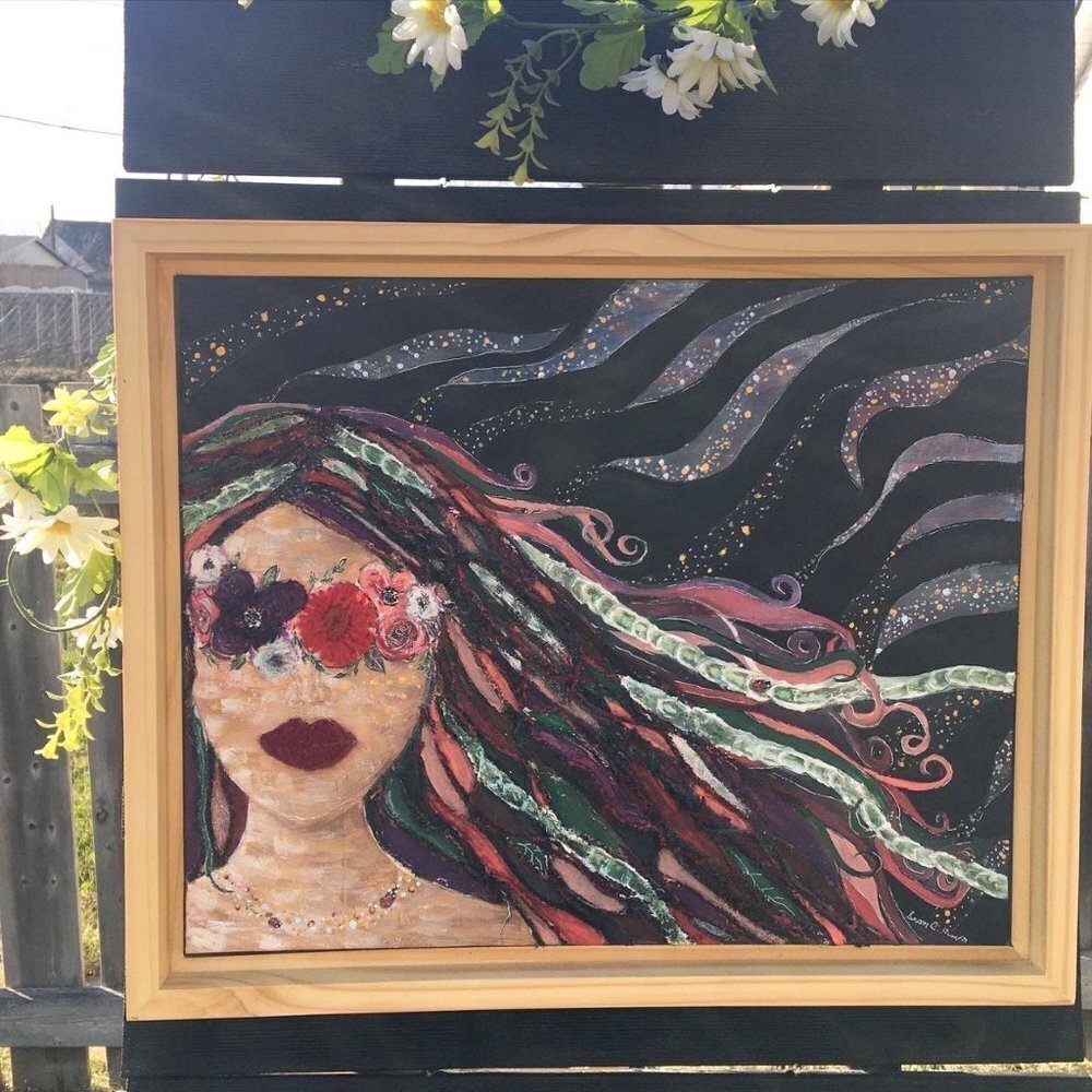 Boho Painting with Embroidered Flowers, Girl Mother Nature Art, Witchy Decor - Picture 2 of 12